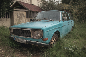 an old, broken down car in front of a house