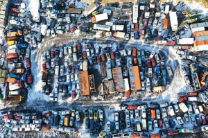 An aerial view of a junkyard