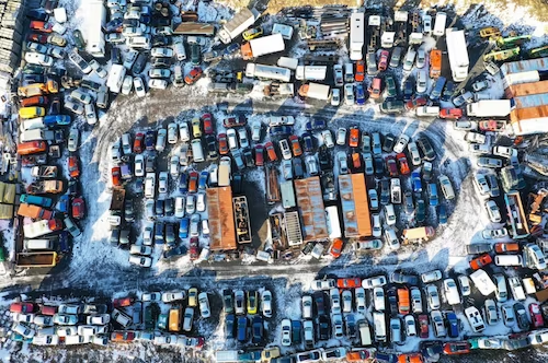 An aerial view of a junkyard