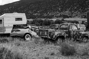 A black and white shot of a salvage yard