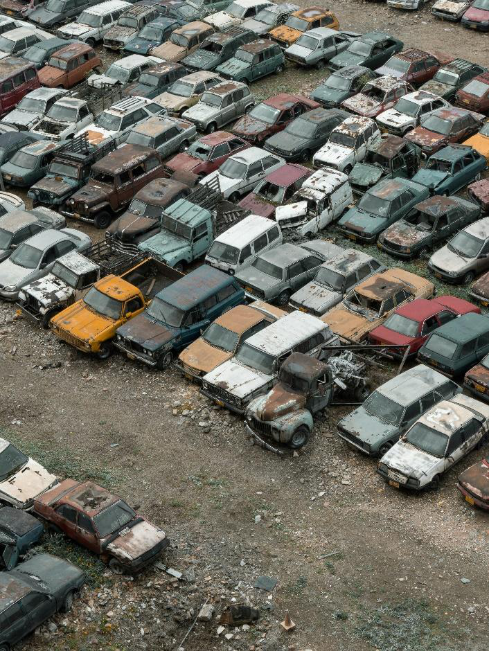 Aerial view of a car junkyard.